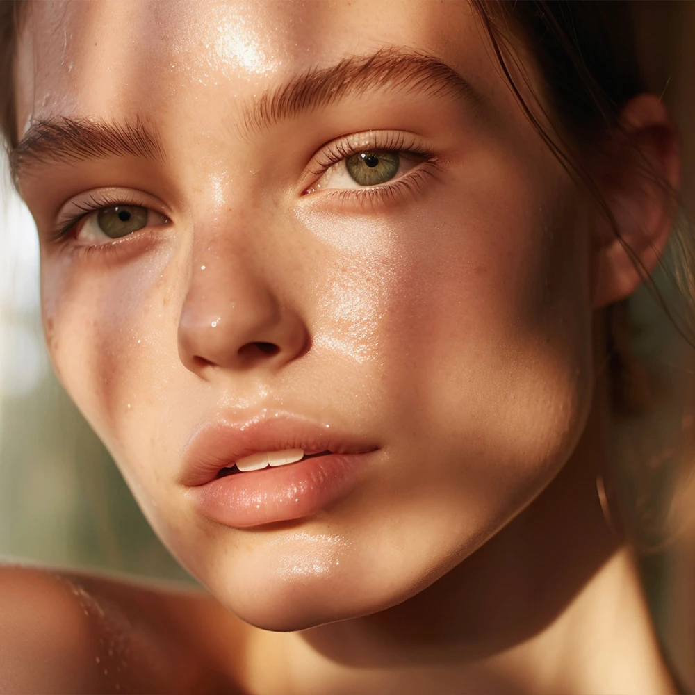 Close-up beauty portrait of a young woman with glowing skin and glossy lips in warm natural light